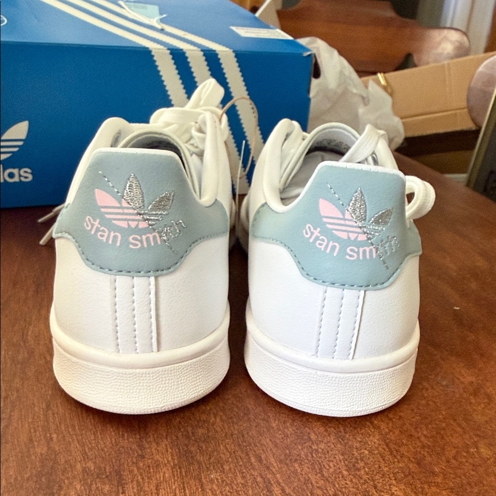 adidas Stan SmithWomen's White and Silver Dash Green Sneakers - Picture 5 of 7